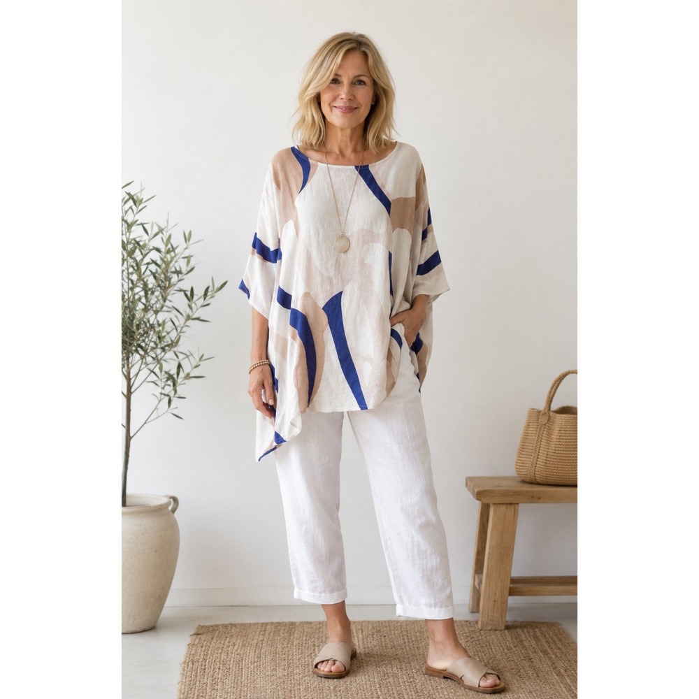 Linen Collection‎ Greece Abstract Swirl Print Poncho Top Blue Tan OS